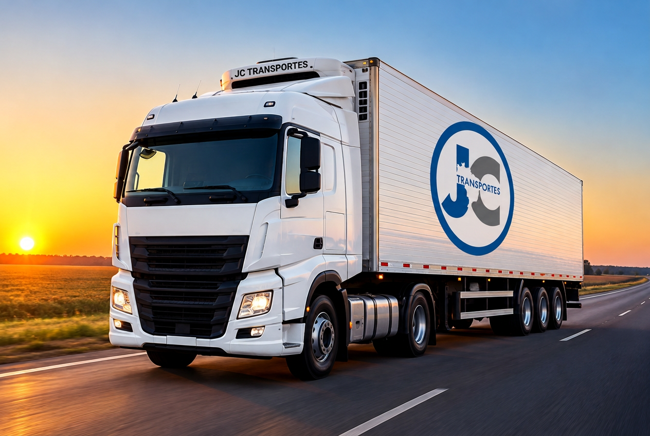 Carreta baú frigorífica da JC Transportes em rodovia do Mato Grosso ao amanhecer